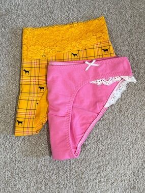 VS Pink & Yellow Cotton Panty Set with Lace Trim